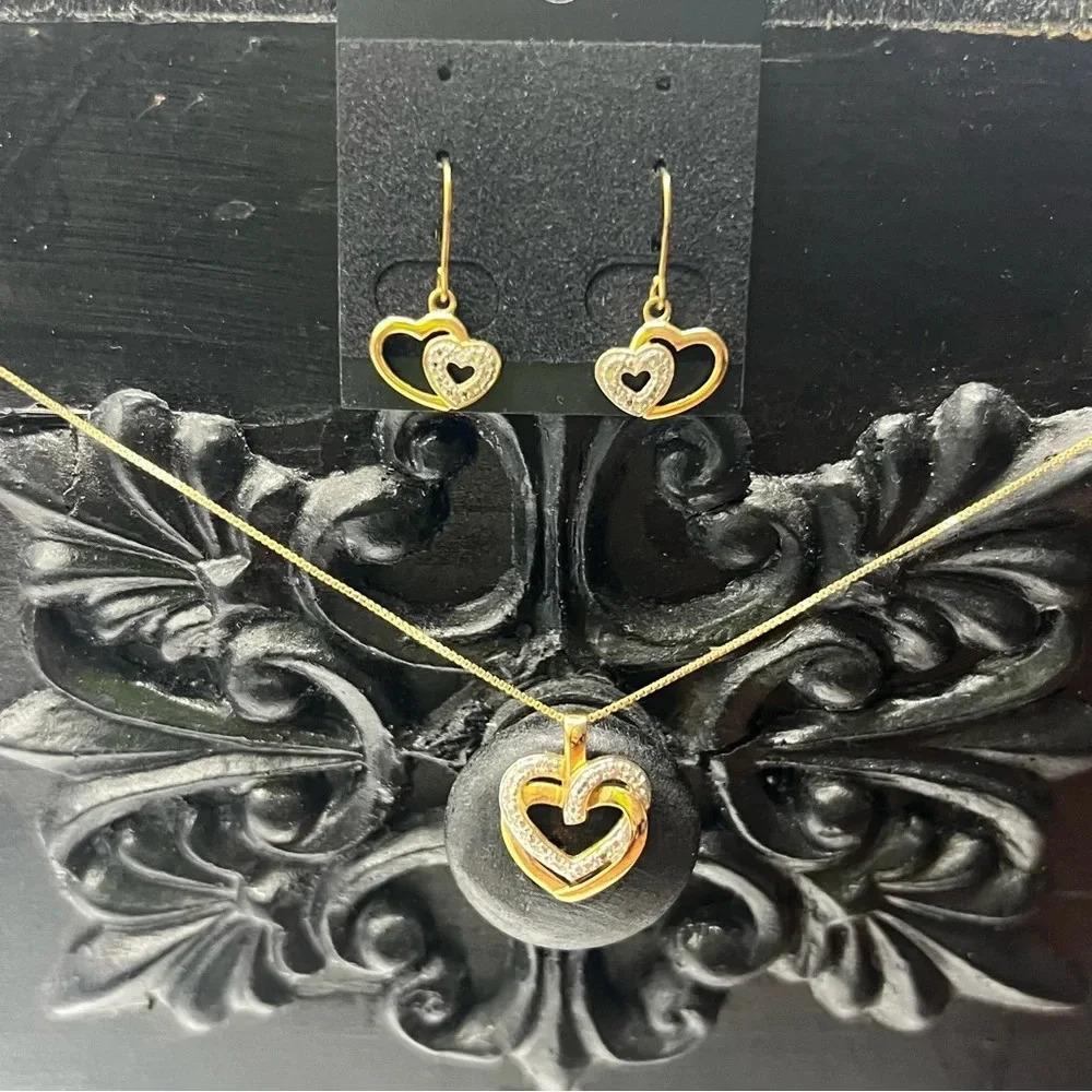 DOUBLE HEART 14k over 925 Sterling Silver necklace and earring set - Picture 3 of 4